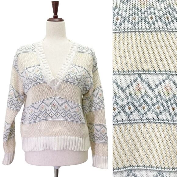 Vintage Liz Sport Fair Isle Pastel Neutral Cropped V Neck Sweater Size P | XS - Picture 1 of 11